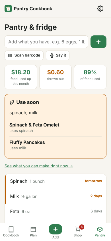 Pantry items with expiry dates and savings