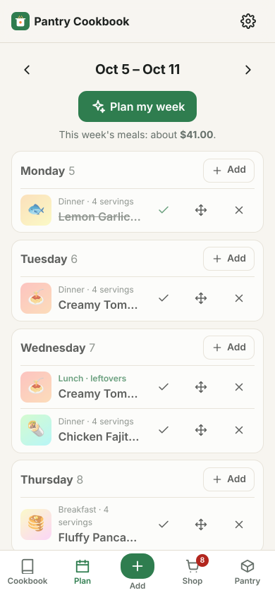 A weekly meal plan with dinners and leftovers