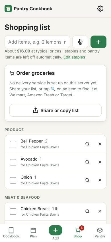 A shopping list grouped by store aisle